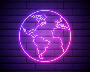 Glowing neon line Earth globe icon isolated on brick wall background. World or Earth sign. Global internet symbol. Geometric shapes. Vector Illustration © Skiffcha
