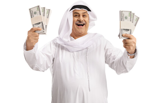 Rich arab man holding stacks of money