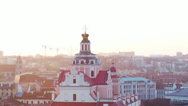 Old town Vilnius on beautiful day. Aerial wide panoramic shot of cityscape