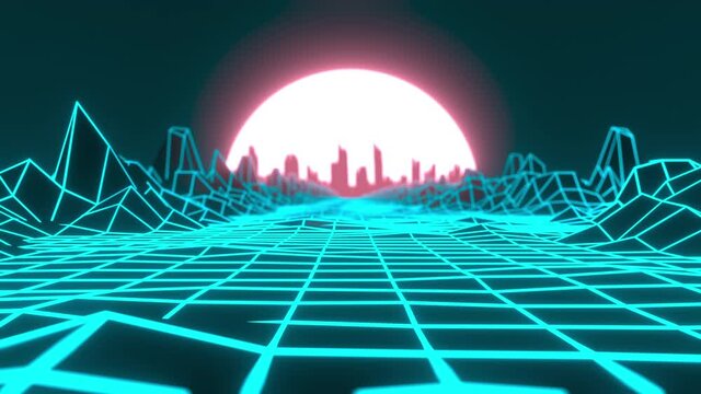 80s Retro Style CGI Animation. Blue Grid Neon Landscape With a white-pink Sunset and a City Contour. Seamless Loop.
