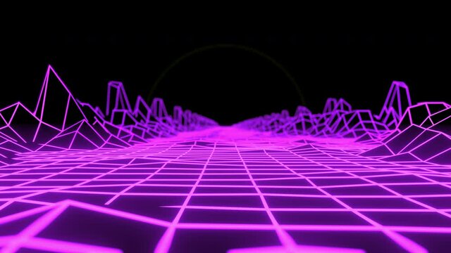 80s Retro Style CGI Animation. Purple Grid Neon Landscape and Depth of Field Effect. Seamless Loop.