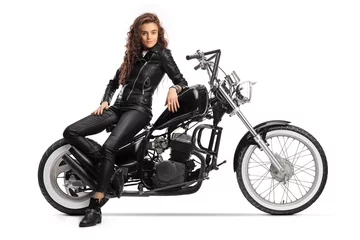 Foto op Plexiglas Young woman sitting on a chopper motorbike © Ljupco Smokovski