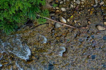 Top view of a stream with white foam due to the current and plants in the corner with room for copyspace