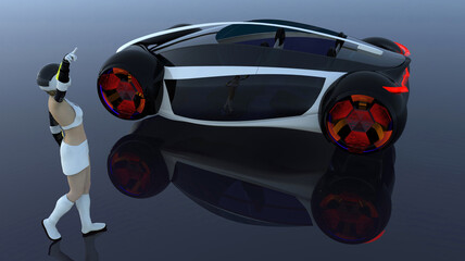 3D illustration. Fantasies. Girl and flying car 006