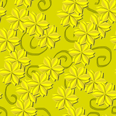 Seamless raster pattern in cut paper style. Yellow flowers on a yellow-green background. 3D image.