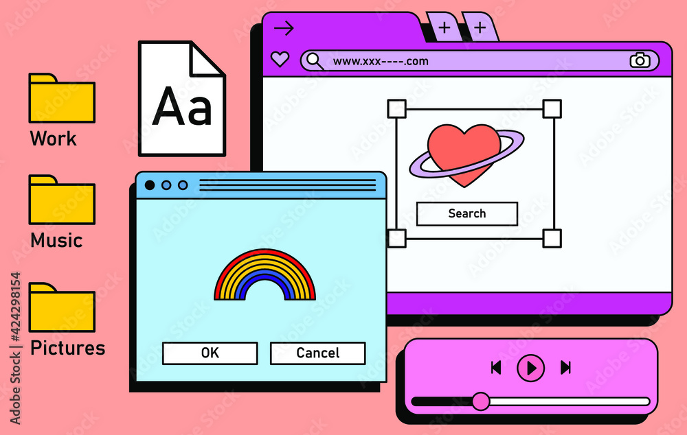 Poster Retro vaporwave desktop with message boxes and user interface elements. A conceptual illustration of website and application programming.