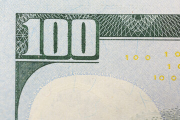 Fototapeta na wymiar Closeup of one hundred Dollar banknotes. 100 Dollar bills close up. United States of America Money and cash. large banknote macro