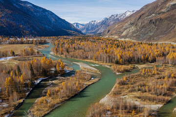 Altai mountains in autumn. Chuya river. Aerial view.
