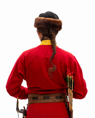 Back view of an antique archer in white isolated background.