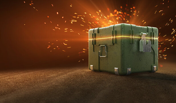 army box with loot boxes and glow inside. text box. 3d rendering