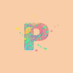 Letter P with multicolored mixed spots of pink, yellow, blue, turquoise paint on peach background. Design for banners, flyers, tags, decorations, poster or invitation.
