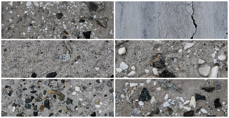 Texture set of old cracked concrete walls. Rough gray concrete surfaces with stones. Collection of panoramic backgrounds for design.