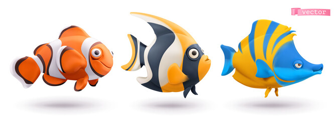 Funny tropical fish. Clownfish, angelfish, butterflyfish 3d vector cartoon icon set © Natis