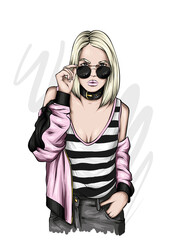 Beautiful girl in a stylish jacket and glasses. Fashion and style, clothing and accessories. Vector illustration, print.
