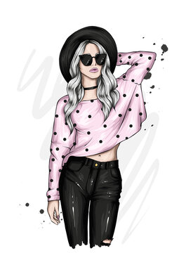 Beautiful girl in a stylish hat and glasses. Fashion and style, clothing and accessories. Vector illustration, print.