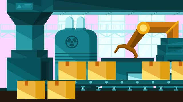 V&iacute;deo animado ilustrado de las operaciones de la f&aacute;brica de embalaje de cajas, f&aacute;brica en operaciones, trabajo pesado.