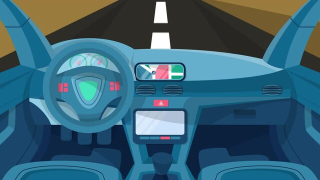 Interior de un coche con animaci&oacute;n vectorial camino de carretera. 
viaje de vacaciones, viaje de camino