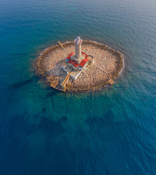 aerial view of Porer lighthouse, Premantura, Croatia.
