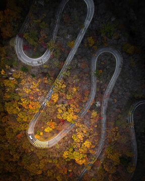 Aerial view of a scenic road on the hilltop crossing the mountains in Nikko Shi, Tochigi, Japan.