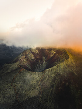 Aerial view of Vulcano La Corona crater peak near Ye, Lanzarote island, Canary Islands, Spain.