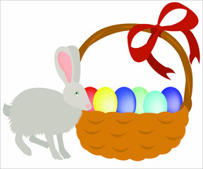 A hare with a basket of coloured eggs. An easter card.