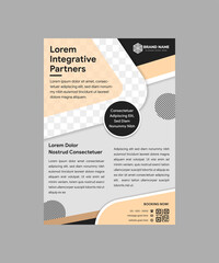 abstract geometric flyer template use example headline is integrative partners. Vertical layout combined with brown and black elements. Grey background with space for photo collage in triangle shape.