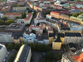 Aerial close view to Helsinki central residental area. Finland sunset