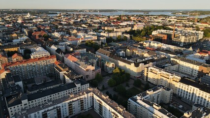 Aerial close view to Helsinki central residental area. Finland sunset