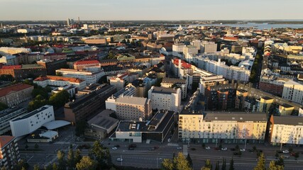 Aerial close view to Helsinki central residental area. Finland sunset