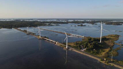 Aerial view of windmills in Pori, Finland. Wind turbines. Wind electric power