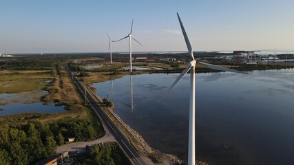 Aerial view of windmills in Pori, Finland. Wind turbines. Wind electric power