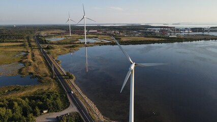 Aerial view of windmills in Pori, Finland. Wind turbines. Wind electric power