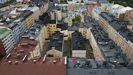 Aerial close view to Helsinki central residental area. Finland sunset