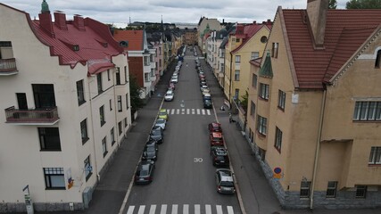 Aerial close view to Helsinki central residental area. Finland sunset