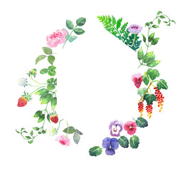 <水彩画>魔法の森のブーケ(ベリー、パンジー、バラ、シダ、つる)の縦長六角形フレーム素材