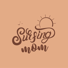 Surfing mom quote with logo , Simple line art elements, Beach atmosphere with birds and sun illustration, Vector Illustration for graphic design, t-shirt prints for mom, logo, card, travel content