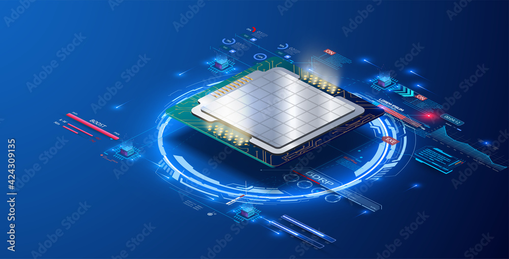 Poster cpu concept with futuristic hud elements. modern smart quantum chip large data processing. digital c