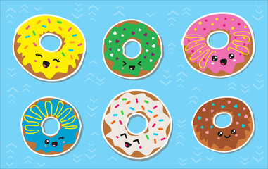 Set of vector donuts in kawaii style. Illustration of sweet pastries. Multi-colored cupcakes with cute smiles. Emotions in kawaii style. Ideal for stickers in the planner or website design