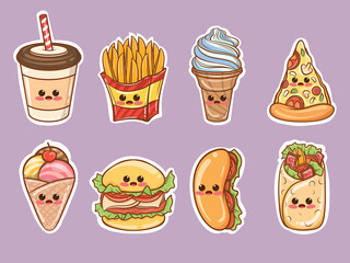 set of cute fast food sticker concept.