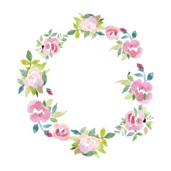 round frame wreath with pink roses, yellow flowers, branches, leaves and petals isolated on white background. flat lay, top view