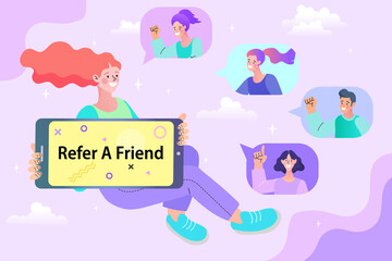 Virtual relationship vector concept. People young couple chatting in the smartphone screen. Virtual dating. Flat vector design. 