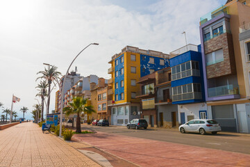 Torrenostra (Torreblanca), Castellon province, Valencian Community, Spain. Beautiful colorful architecture (house facades). Holiday town on the mediterranean coast (Costa del Azahar).