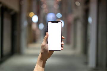 道の上でスマートフォンを開く人