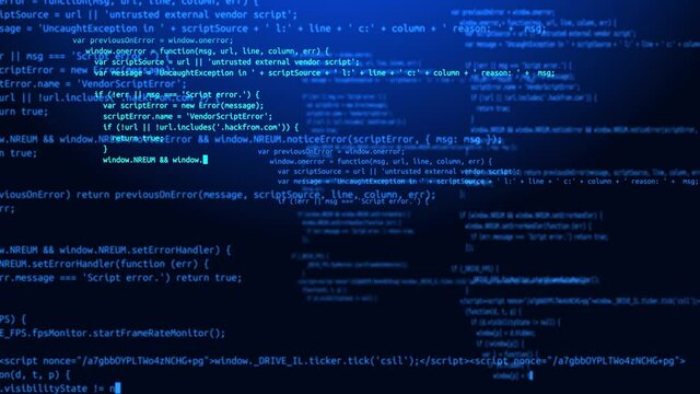 4K loop Blue Screen Program Code on a Computer Screen in Defocus Animation. Software development and hacking concept. Technology, coding, programming. hacking, web programming