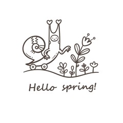 Card with cute cartoon snail and plant. Doodle floral poster. Spring vector print with insect.