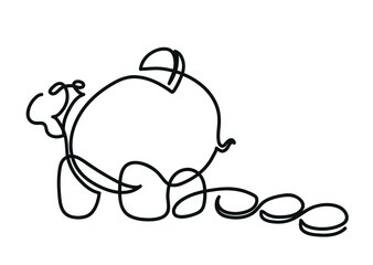 One line drawing of piggy bank.
One continuous line drawing of piggy bank and one coin.