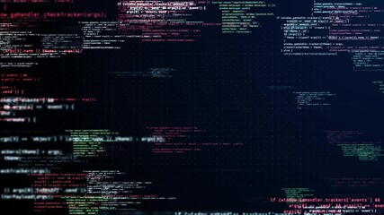 Abstract flight through moving computer code Loop background 3D Animation. Lines of written code, futuristic software and informational. Network security, programming, development, cyber encryption.