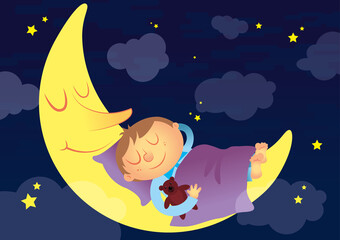 chłopiec śpi i śni mu się podróż na księżyc, słodkie sny pod kołderką, dziecko przytulone do poduszki, głęboki sen, gwiaździsta noc - obrazy, fototapety, plakaty