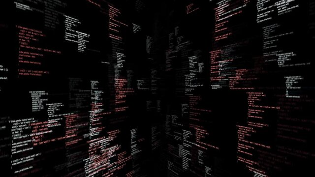 Source code walls on black Loop background Animation. Dive into cyberspace with walls of source code. Programs and codes of matrix cyberspace. hacking, web programming and data processing.