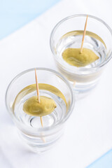 Refreshing alcohol drink with pickled fruit for party in summer season